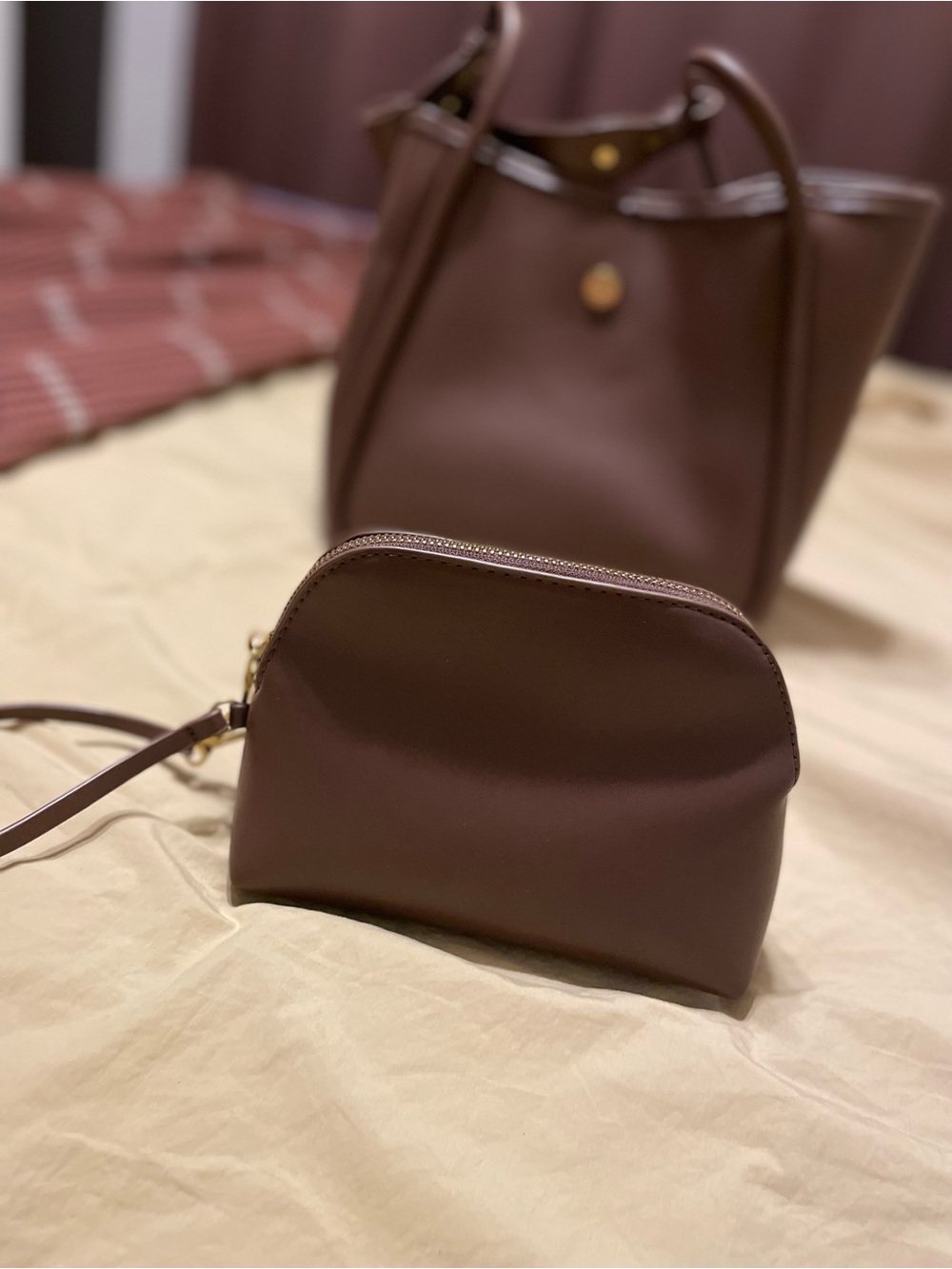 Compact Brown Leather Cosmetic Pouch with Wrist Strap